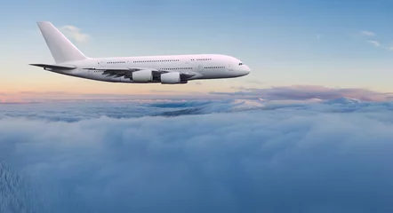 Fototapeten Riesiges zweistöckiges Passagierflugzeug, das über dramatische Wolken fliegt. Reise- und Geschäftskonzept. © Lukas Gojda