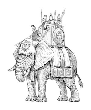 recommend clip art: War elephant illustration, army of Carthage. Historical drawing.