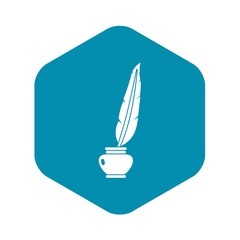 Feather quill pen standing in the bottle of ink icon in simple style isolated vector illustration