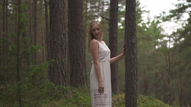 Walking Beautiful young blonde woman forest nymph in white dress in evergreen wood