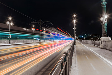 Night view of the lighting Budapest street, photo taken at the night shutter speed