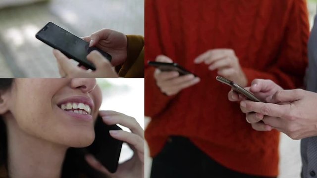 Collage of medium and close up shots of people talking and texting on phones. Lifestyle, communication concept