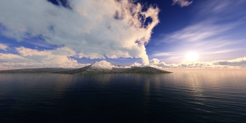 Sunset over the bay, mountain shore at sunset, sunrise in the ocean near the mountains, 3d rendering