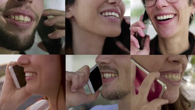 Collage of close up shots of peoples mouths and lips talking on phone outside. Lifestyle, communication concept