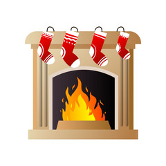 Burning fire in brown stone fireplace with Christmas red socks
