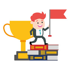 businessman with flag trophy on books
