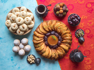 Arabic sweets. Arabian Qatayef, Ghorayeba sweets and Egyptian cookies 