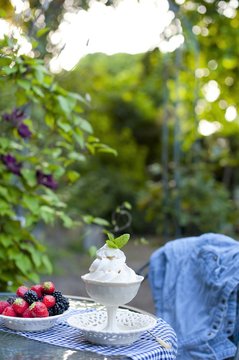 softijs with berries and cream. ice-cream with fruits in a cube