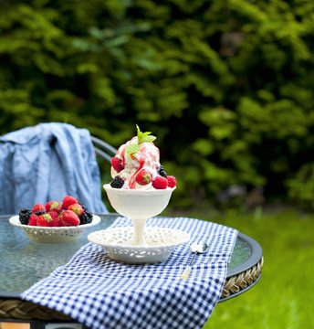 softijs with berries and cream. ice-cream with fruits in a cube
