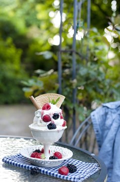 softijs with berries and cream. ice-cream with fruits in a cube