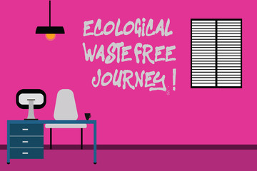 Writing note showing Ecological Waste Free Journey. Business photo showcasing Environment protection recycling reusing Minimalist Interior Computer and Study Area Inside a Room