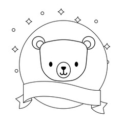 head of cute bear in frame circular with ribbon