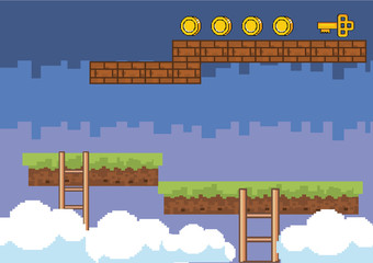 Obraz premium Arcade game world and pixel scene design vector illustration