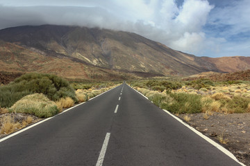Empty road with El Teide (Vulcano) in the Background on a Cloudy day, Tenerife, Spain