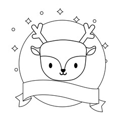 head of cute reindeer in frame circular with ribbon