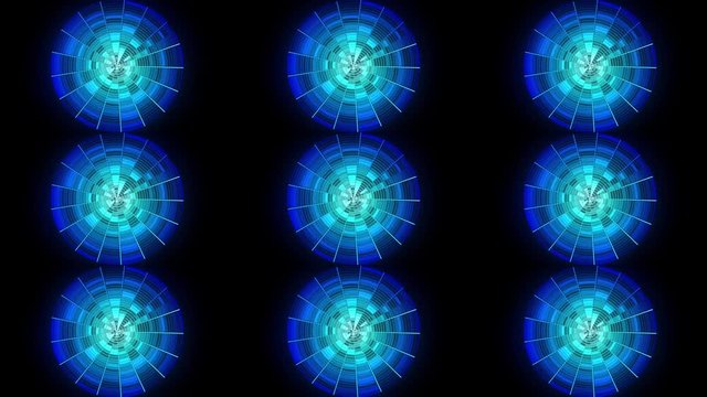 Abstract animation of colorful shimmering glass disk rotating on the dark background. Animation. Abstract rotation of neon rims