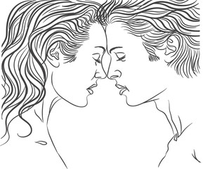 Illustration for coloring, a couple in love - a man and a woman face to face in profile, contour