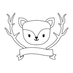 head of cute reindeer with tree branches and ribbon