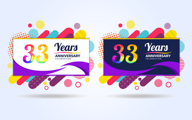 33 years pop anniversary modern design elements, colorful edition, celebration template design, pop celebration template design, white and black background