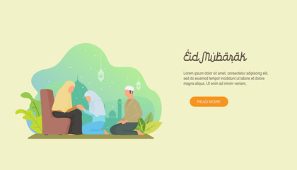 Happy eid mubarak with people character concept. Islamic design for Landing page templates, kids Book Illustration, Banners, Card Invitation, Poster and Social media.