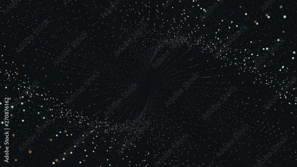 Poster abstract animation white dots particles floating and rotating on the tunnel on the dark background. 