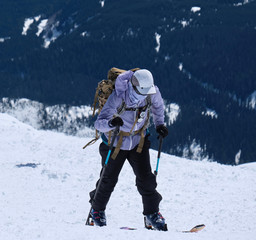Backcountry skiing on Mount Saint Helens National Volcanic Monument. Skier going up the mountain. Washington. United States of America