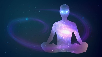 Silhouette of human sitting in the lotus position on cosmos background. Meditation, yoga, trans