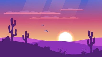 Paysage désertique avec coucher de soleil et silhouettes de cactus. Far West