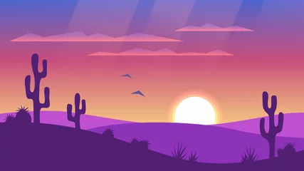 Papier Peint photo Tailler Paysage désertique avec coucher de soleil et silhouettes de cactus. Far West