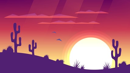 Desert landscape with sunset and silhouettes of cacti. Wild West