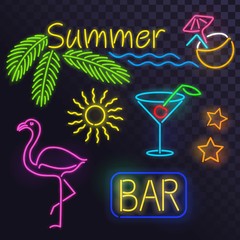 Tropical summer neon signs. Palm leaves, sun, sea, martini, coconut © lidiia