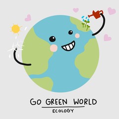 Go green world cute smile earth watering herself, Ecology concept cartoon vector illustration doodle style