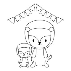 cute lions animals with garlands hanging isolated icon