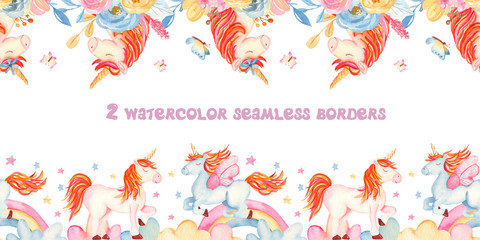 Watercolor seamless border with unicorns, flowers, rainbow, gold. Texture for baby shower, wallpaper, packaging, fabric, nursery, prints.