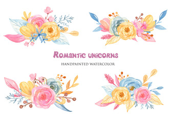 Watercolor cute pink bouquet with flowers. A collection of unicorns. Set for girls, princesses. Illustration on white background for invitation, birthday, wedding, baby shower, greeting card, postcard