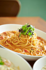 Seafood tomato cream spaghetti pasta