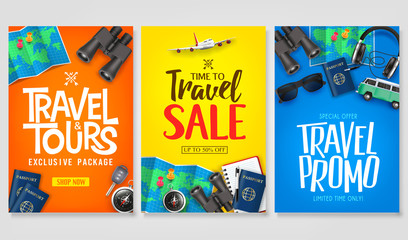Travel Poster Vector Set Template with Creative Stylish Text Logo and Realistic 3D Traveling Item Elements Good for Digital and Print Design. For Promotional Purposes