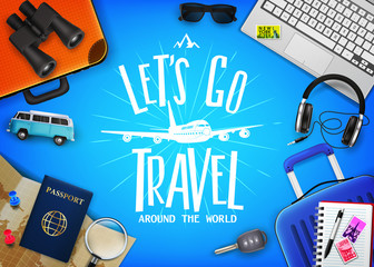 Travel or Tourism Concept with Text Let's Go Travel Message in the Center with Realistic 3D Traveling Item Elements on the Side in Blue Background. Vector Illustration