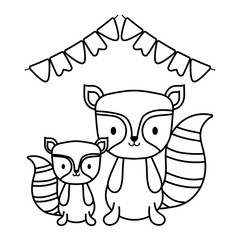 cute group of raccoons with garlands party hanging