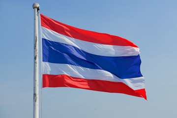 National flag of Thailand close up against blue sky