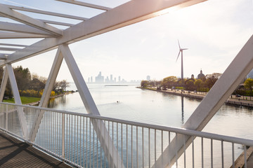 Toronto wind turbine on a lakeshore sunset