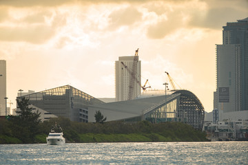 Fototapeta premium Royal Caribbean cruise terminal at Port Miami sunset in background
