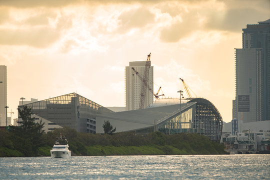 Royal Caribbean Cruise Terminal At Port Miami Sunset In Background