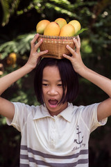 Asian girl holding a yellow ripe mango basket in hand at thailand