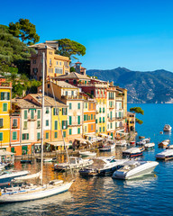 Naklejka premium Beautiful sea coast with colorful houses in Portofino, Italy