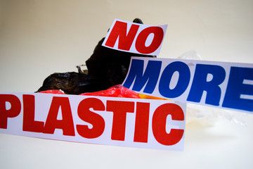 No more plastic message. It shows a plastic with motto and selective focus no more plastic text.