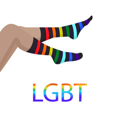 Isolated vector image with women legs in rainbow color socks, flat style stylized illustration with lgbt emblem.