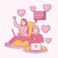 women seated using laptop with speech bubble and hearts