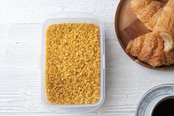close up of Fried Mung Bean on plastic box