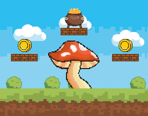 Arcade game world and pixel scene design  vector illustration